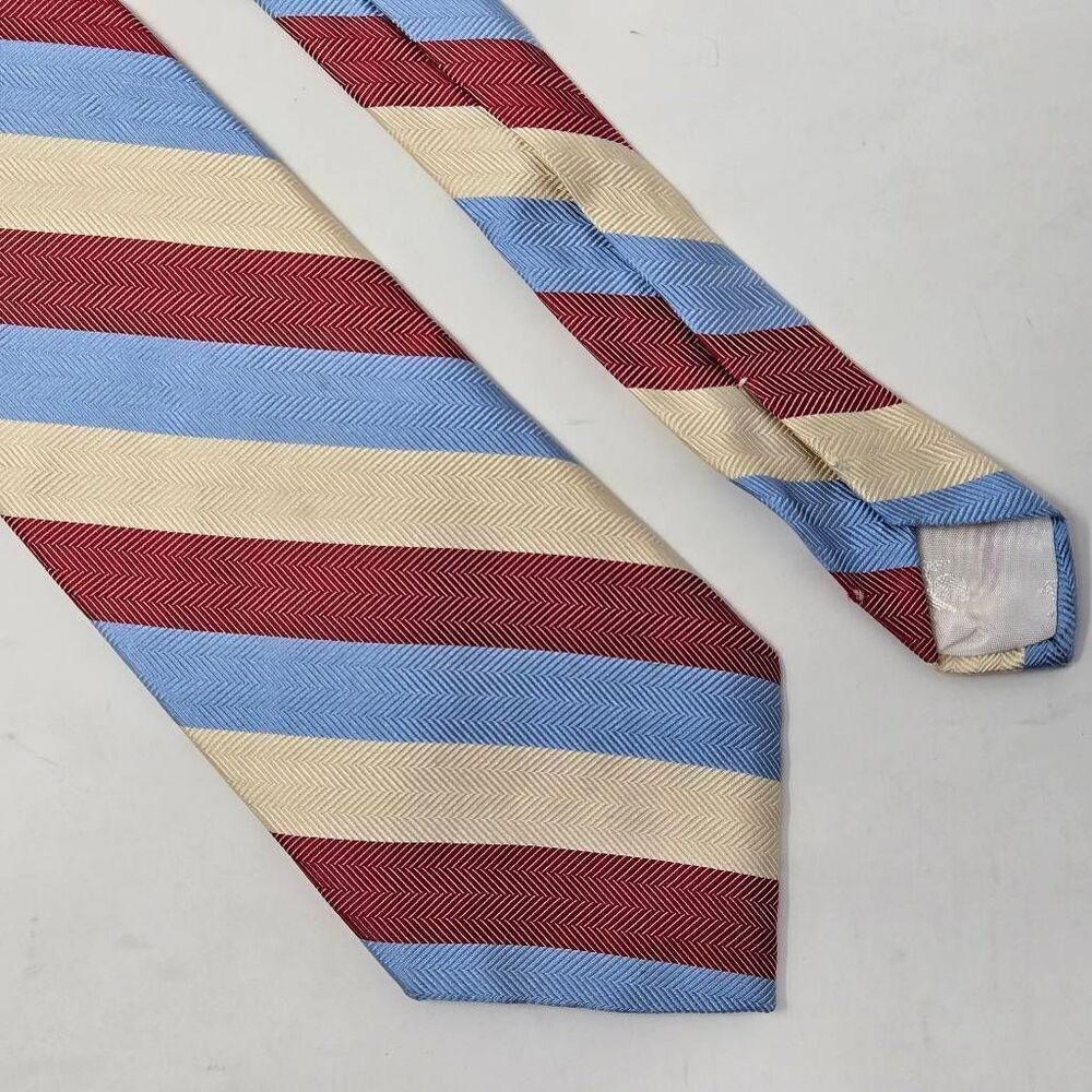 BROOKS BROTHERS 346 SILK TIE RED CREAM BLUE LARGE STRIPE HERRINGBONE 3.75" X 58"
